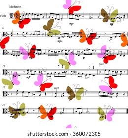 Decorative seamless pattern with butterflies on musical background. Vector illustration.