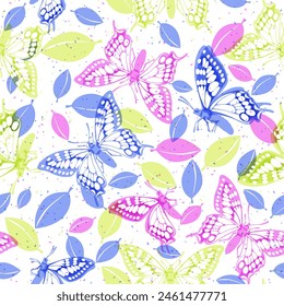 Patrón decorativo sin costuras con mariposas impresas en un risograma. Fondo inconsútil para telas, textiles, embalaje y Fondo de pantalla. Ilustración vectorial