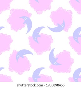 Decorative seamless pattern. Cartoon style hand drawn moon and clouds.