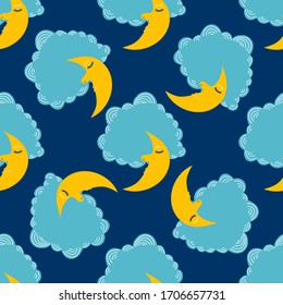 Diseño decorativo y sin fisuras. Luna dibujada a mano estilo caricatura y nubes. 