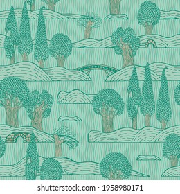 Decorative seamless pattern with cartoon trees, islands and bridges on a backdrop with wavy pattern. Vector background in green colors. Childish wallpaper, wrapping paper, fabric in flat style