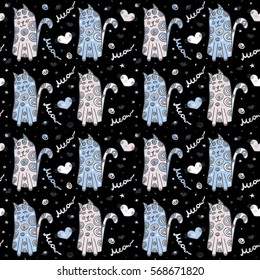 Decorative seamless pattern with cats. Night background. You can create an invitation card, stationery, packaging, t-shirts, clothes for moms and dads, baby clothes, holiday gifts, printed fabric.