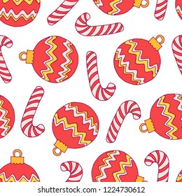 Decorative seamless pattern with christmas red balls and candies