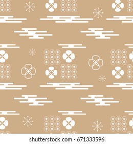 Decorative seamless  pattern with clouds,flowers,japanese elements and bamboo tree. Vector seamless asian texture.For printing on packaging, textiles, paper and other materials.