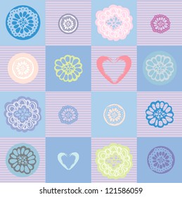 Decorative seamless pattern with colored flowers and hearts on a checkered background