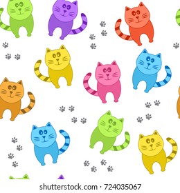Decorative seamless pattern with colorful cats and paw prints. Vector illustration