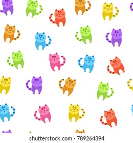 Decorative seamless pattern with colorful cats isolated on white background. Vector illustration