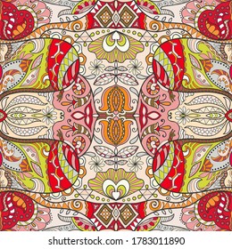 Dekoratives, nahtloses Muster, bunter, doodles Hintergrund. Handgezeichnete ethnische Ornamente mit floralen und geometrischen Elementen. Endlose Textur für Tapeten, Musterfüllungen, Stoffgewebe oder Papierdruck