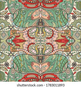 Patrón inmaculado decorativo, fondo de doodle colorido. Ornamento étnico dibujado a mano con elementos florales y geométricos. Textos sin fin para papel de pared, rellenos de patrones, tela textil o papel