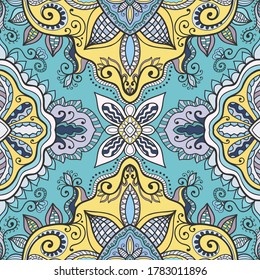 Decorative seamless pattern, colorful doodle background. Hand drawn ethnic ornament with floral and geometric elements. Endless texture for wallpaper, pattern fills, textile fabric or paper print