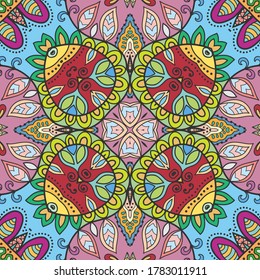 Decorative seamless pattern, colorful doodle background. Hand drawn ethnic ornament with floral and geometric elements. Endless texture for wallpaper, pattern fills, textile fabric or paper print