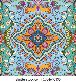 Decorative seamless pattern, colorful doodle background. Hand drawn ethnic ornament with floral and geometric elements. Endless texture for wallpaper, pattern fills, textile fabric or paper print