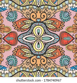 Decorative seamless pattern, colorful doodle background. Hand drawn ethnic ornament with floral and geometric elements. Endless texture for wallpaper, pattern fills, textile fabric or paper print