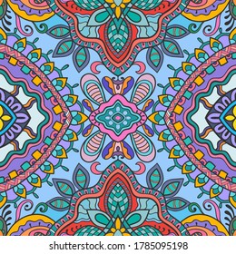 Decorative seamless pattern, colorful doodle ethnic ornament on black background. Endless texture for wallpaper, pattern fills, textile fabric or paper print. Hand drawn floral and geometric elements