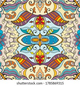 Decorative seamless pattern, colorful doodle ethnic ornament on black background. Endless texture for wallpaper, pattern fills, textile fabric or paper print. Hand drawn floral and geometric elements