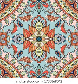 Decorative seamless pattern, colorful doodle ethnic ornament on black background. Endless texture for wallpaper, pattern fills, textile fabric or paper print. Hand drawn floral and geometric elements