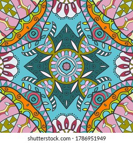 Decorative seamless pattern, colorful doodle ethnic ornament on black background. Endless texture for wallpaper, pattern fills, textile fabric or paper print. Hand drawn floral and geometric elements