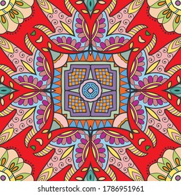 Patrón decorativo sin fisuras, doodle colorido adorno étnico sobre fondo negro. Textura sin fin para papel pintado, rellenos de patrones, tela textil o papel impreso. Elementos florales y geométricos dibujados a mano