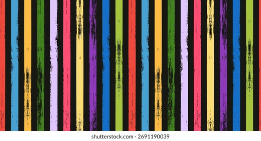 Decorative seamless pattern with colorful hand drawn stripes on black. Modern pen marker scribble doodle lines. Brush freehand stripes print. Great for textile, fabric, wallpaper, wrapping,  packaging