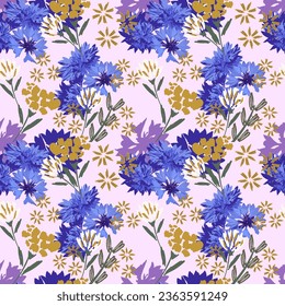 Decorative seamless pattern with cornflowers. Summer meadow. Plant design for fabric, cloth design, covers, manufacturing, wallpapers, print, gift wrap and scrapbooking