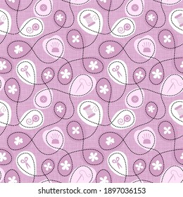 Decorative seamless pattern with craft sewing tools, cute flowers and continuous line contour seam