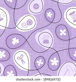 Decorative seamless pattern with craft sewing tools, cute flowers and continuous seamless contour lines