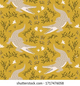 Decorative seamless pattern with crocodiles and birds. Cute background with animals for surface design. Predator hunts birds