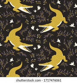 
Decorative seamless pattern with crocodiles and birds. Cute background with animals for surface design. Predator hunts birds