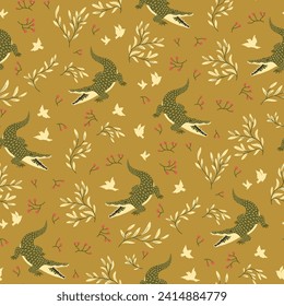 decorative seamless pattern with crocodiles and birds
