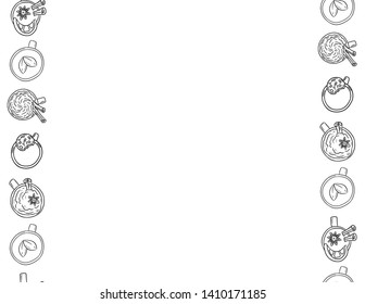 Decorative seamless pattern with cups and mugs. Letter black and white template. Cartoon hand drawn background