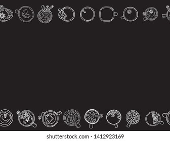 Decorative seamless pattern with cups and mugs. Letter black and white chalkboard template. Cartoon hand drawn background