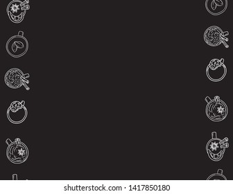 Decorative seamless pattern with cups and mugs. Letter black and white chalkboard template. Cartoon hand drawn background