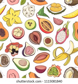 Decorative seamless pattern with cut or split fresh juicy exotic tropical fruits on white background. Hand drawn realistic vector illustration for fabric print, wrapping paper, backdrop, wallpaper.
