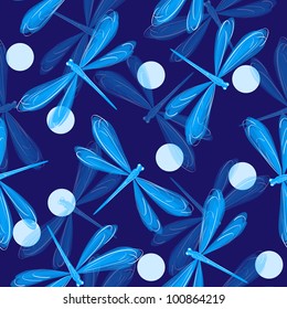 Decorative seamless pattern with cute blue dragonflies