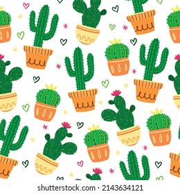 Decorative seamless pattern with cute cacti in flower pots