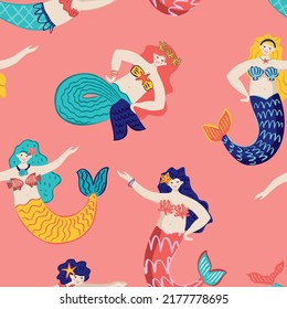 Decorative seamless pattern with dancing mermaids on pink background. Marine background with underwater symbols, elements for textile design, wrapping paper, wallpaper. Cartoon vector illustration