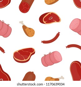 Decorative seamless pattern with delicious meat products of various types on white background. Backdrop with tasty food. Colorful vector illustration in flat style for wrapping paper, wallpaper.