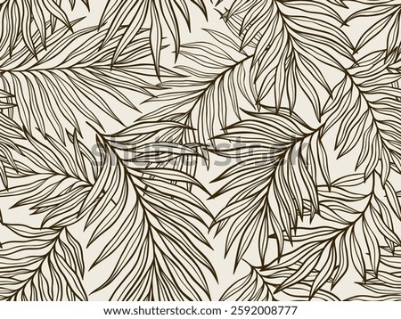 Decorative Seamless Pattern with Detailed Palm Leaves in Stylized Line Art Design