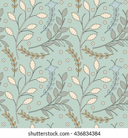 Decorative seamless pattern with different flowers and leaves on light blue background can be used for wallpaper, tile, linen, pattern fills, surface textures and more creative designs