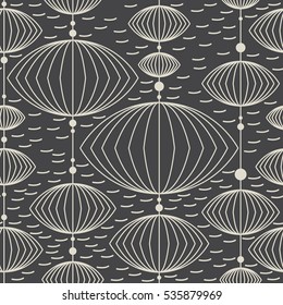 Decorative seamless pattern with different geometric shapes on grey background. vector illustration