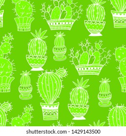 Decorative seamless pattern the different types of cactus in the vase. Background for coloring book. Great for fabric, textile, wallpaper. Flat vector style. Vector illustration.