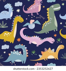 Decorative seamless pattern with different types of cute dinosaurs, background useful for wallpaper, nursery, textile, wrapping paper