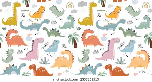  Decorative seamless pattern with different types of cute dinosaurs, background useful for wallpaper, nursery, textile, wrapping paper