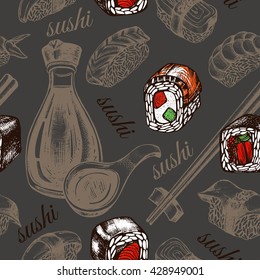 Decorative seamless pattern with different types of japanese sushi, Chopsticks (hashi), soy sauce. Hand drawn vector illustration.