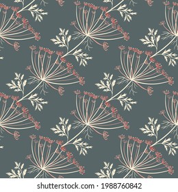 Dekoratives, nahtloses Muster mit Dill-Regenschirm-Elementen. Graublauer Hintergrund. Handgezeichnet. Grafisches Design für die Verpackung von Papier und Texturen aus Stoff. Vektorgrafik.