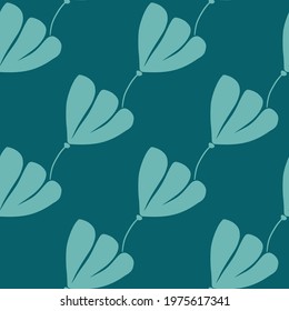 Decorative seamless pattern with doodle cosmos flowers ornament. Blue and turquoise colored artwork. Vector illustration for seasonal textile prints, fabric, banners, backdrops and wallpapers.