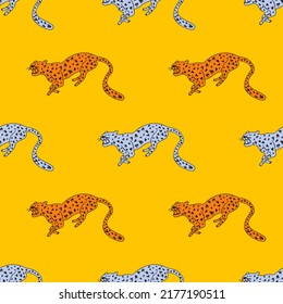 Decorative seamless pattern with doodle cute leopard. Hand drawn cheetah endless wallpaper. Wild animals background. Design for fabric, textile, wrapping, illustration