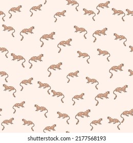 Decorative seamless pattern with doodle cute leopard. Hand drawn cheetah endless wallpaper. Wild animals background. Design for fabric, textile, wrapping, illustration
