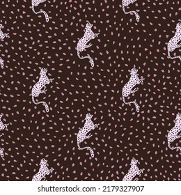 Decorative seamless pattern with doodle cute leopard. Hand drawn cheetah endless wallpaper. Wild animals background. Design for fabric, textile, wrapping, illustration