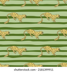 Decorative seamless pattern with doodle cute leopard. Hand drawn cheetah endless wallpaper. Wild animals background. Design for fabric, textile, wrapping, illustration